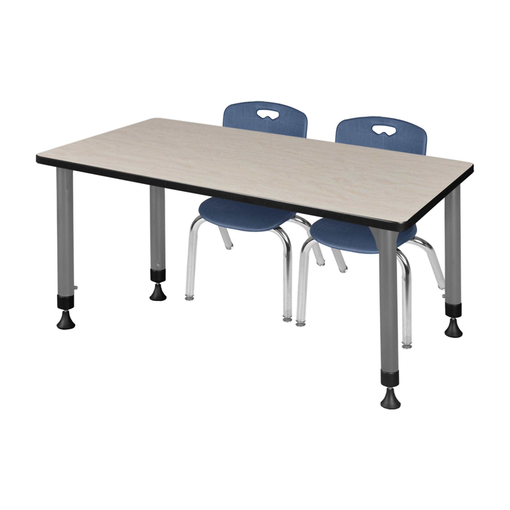 Regency Kee Adjustable Classroom Table and Andy Stack Chairs Set — 66in. x 24in., Maple/Cherry Tabletop, 2 Navy Blue Chairs, Grey Base, Model# MT6624PLAPGY45NV